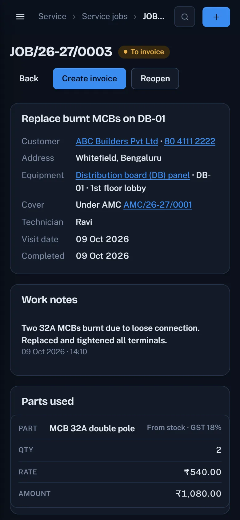 A service job on a phone: replace burnt MCBs, under AMC, technician Ravi, work notes and parts used, ready to invoice
